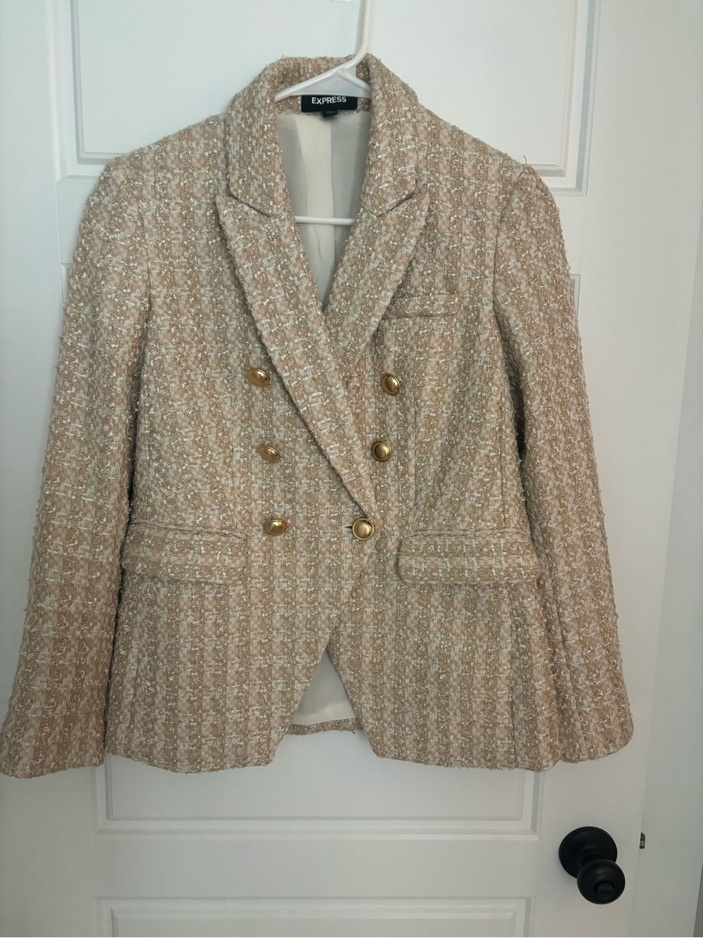 Express Beige and Cream Tweed Double-Breasted Blazer with Gold Buttons